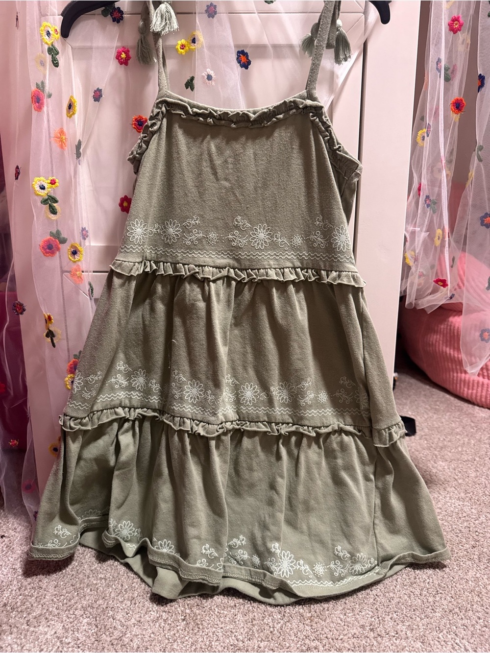 Girls Olive Green Boho Tiered Embroidered Tassel Dress Size 7